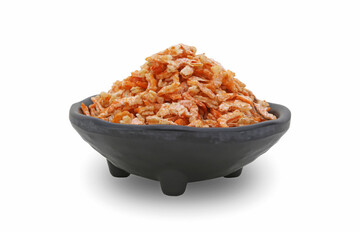 Fototapeta na wymiar Small dried shrimp on a black cup with isolated white background.