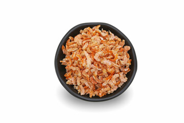 Small dried shrimp on a black cup with isolated white background.