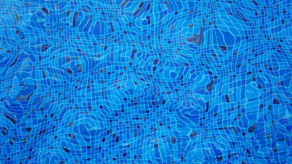 Blue ripped water in swimming pool, Ripples and flow distorting tile lining reflection, Abstract background, Top view