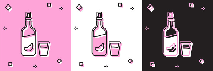Set Vodka with pepper and glass icon isolated on pink and white, black background. Ukrainian national alcohol. Vector