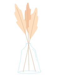 Obraz premium Three branches of dried beige leaves in a glass vase with a narrow neck on a white background. Vector design elements