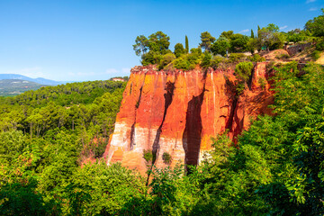 Roussillon, red rocks of Colorado colorful ochre canyon in Provence, landscape of France