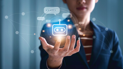 business woman shows hand with chatbot AI Artificial intelligence technology, live chat with robot icon.