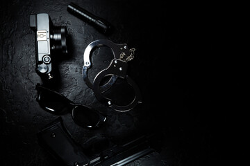 Black gun, flashlight, glasses, camera and Police metal real handcuffs lie on the black background. Private detective work. Searching information. Crime and robbery, prison concept.