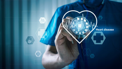 Medical doctor with heart disease healthcare and medical services with AR interface cardiogram illness concept.