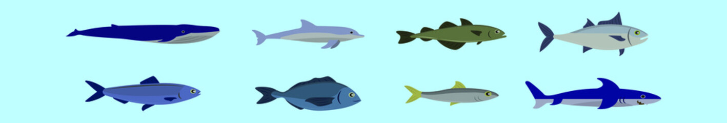 set of fish cartoon icon design template with various models. vector illustration isolated on blue background