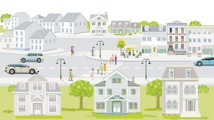 Familien und Menschen auf dem Bürgersteig mit Straßenverkehr Illustration