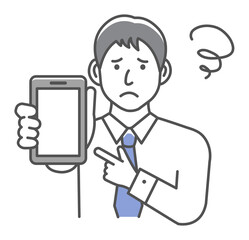 Young businessman showing smartphone display vector illustration ( trouble, worried )