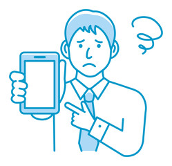 Young businessman showing smartphone display vector illustration ( trouble, worried )