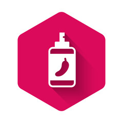 White Pepper spray icon isolated with long shadow. OC gas. Capsicum self defense aerosol. Pink hexagon button. Vector