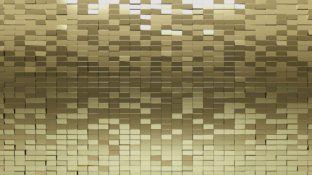 Luxurious Tiles arranged to create a Glossy wall. Rectangle, Gold Background formed from 3D blocks. 3D Render