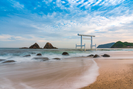 Sakurai Futamigaura's sacred Couple Stones and torii gate view from de beach in Itoshima, Fukuoka, Japan scenic landscape