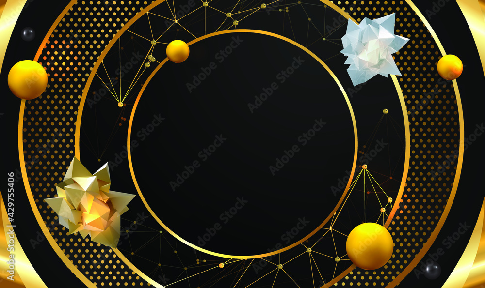 Poster abstract gold and black circle with 3d spheres. black circle frame and circle shapes with glossy sph