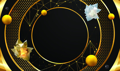 Abstract gold and black circle with 3d spheres. Black circle frame and circle shapes with glossy spheres. Circle Sphere Golden Particles shine Rotating Effect Background. Vector illustration EPS10