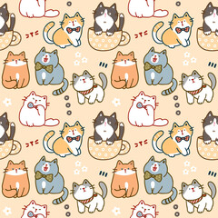 Seamless Pattern of Cartoon Cat Illustration Design on Light Yellow Background