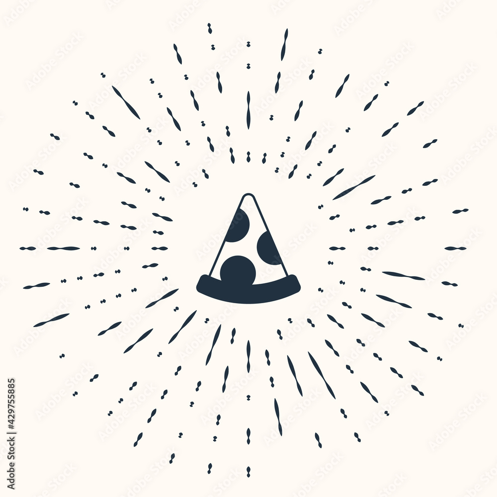 Poster grey slice of pizza icon isolated on beige background. fast food menu. abstract circle random dots. 