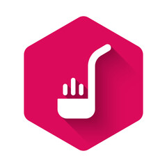 White Kitchen ladle icon isolated with long shadow background. Cooking utensil. Cutlery spoon sign. Pink hexagon button. Vector