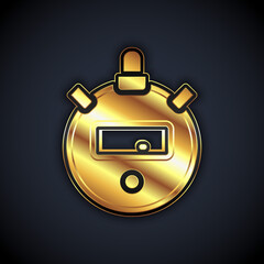 Gold Stopwatch icon isolated on black background. Time timer sign. Chronometer sign. Vector