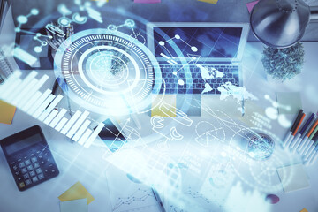 Business theme hologram drawings over computer on the desktop background. Top view. Multi exposure. Concept of international connections.