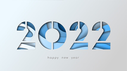 Happy new year 2022 card. Paper cut numbers with 3d vivid colors wavy shapes.