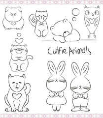 Set of funny cute animals cartoon line Drawing Icon  .Vector.
Bear, Bunnies, pig, owl, dog, squirrel, With Heart.