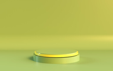 Scène minimaliste avec un podium - plateforme composée de plusieurs ronds - design aux formes géométriques et moderne - vert olive et jaune - illustration 3D