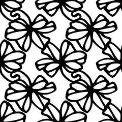 A bow pattern with a ribbon hand-drawn in the doodle style with a black line on a white background. Vector seamless pattern of a bow folded several times for invitation design template, packaging