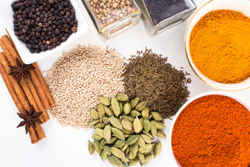 Set of Spices: Turmeric, pepper,  shot from above on white background stock photo