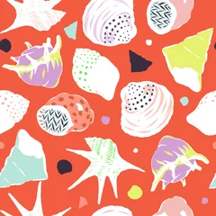 Fotobehang abstract seashell drawing with vibrant colour palette on orange background, japanese kimono surface pattern, textile, fabric design, wallpaper, wrapping paper, gift wrap, holiday vibe, summer, clam © Isobel Hsu