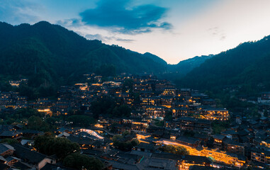 Fototapeta premium Night view of Qianhu Miao village in Xijiang, Qiandongnan, Guizhou Province, China