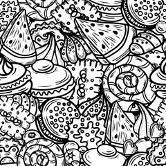 Seamless pattern with cake, cupcake, candy and other dessert with berry