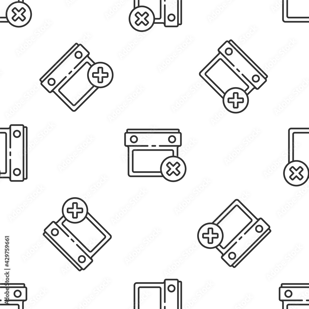 Poster grey line calendar date delete icon isolated seamless pattern on white background. event reminder sy