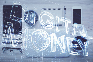 Double exposure of blockchain theme hologram over table with phone. Top view. Crypto technology concept.