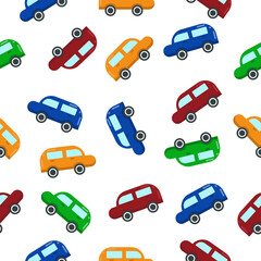 Cute baby pattern of bright multi-colored blue red green and orange cars. Vector