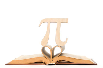 The Greek letter Pi made of wood with your own hands on the sheets of a textbook in the shape of a heart in honor of the International Pi Day on March 14 - obrazy, fototapety, plakaty