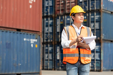 factory worker or engineer writing on clipboard in containers warehouse storage