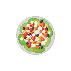 Greek salad on a round plate. A dish of Mediterranean cuisine made of lettuce leaves, tomatoes, Bulgarian pepper, olives, cucumbers, feta cheese. Vector illustration isolated on white background.