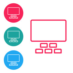 Red line Cinema auditorium with screen and seats icon isolated on white background. Set icons in circle buttons. Vector