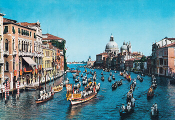 venice grand canal with historic regatta from the 70s - obrazy, fototapety, plakaty