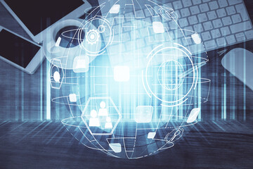 Double exposure of social network theme drawing over table with phone. Top view. People connecting concept.