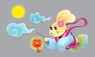 An isolated flying rabbit goddess. With a full moon and clouds.