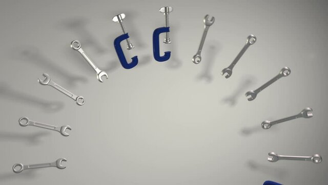 The tool kit includes a wrench, clamp, teski bracket. The pattern. Rotation. Realistic animation. Shop, Maintenance, Repair Show-loop Carousel.