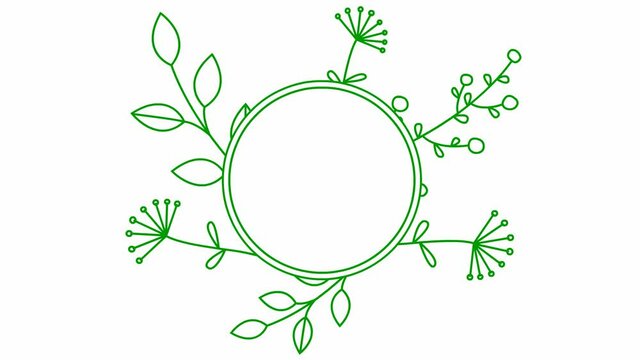 Animated abstract modern banner with branch of leaf and flower. Circle green frame with copy space. Looped video. Flat vector illustration isolated on white background.