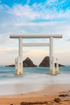 Sakurai Futamigaura's sacred Couple Stones and torii gate view from de beach in Itoshima, Fukuoka, Japan scenic landscape