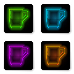 Glowing neon line Coffee cup icon isolated on white background. Tea cup. Hot drink coffee. Black square button. Vector