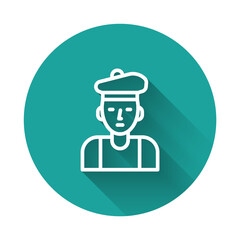 White line French man icon isolated with long shadow. Green circle button. Vector