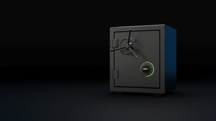 Steel safe with an open lock on a dark background. Vault with green opening indicator. Business and finance concept. Safe security of deposit. 3d illustration. 3d render.