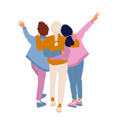 Friends Concept. Happy Friendship Day illustration with a diverse group of friends hugging together for a special event celebration. Sisterhood, friends, union of feminists, event celebration.