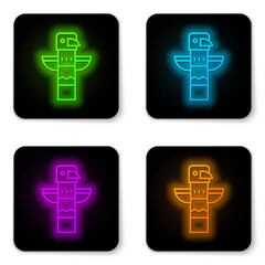Obraz premium Glowing neon line Canadian totem pole icon isolated on white background. Black square button. Vector