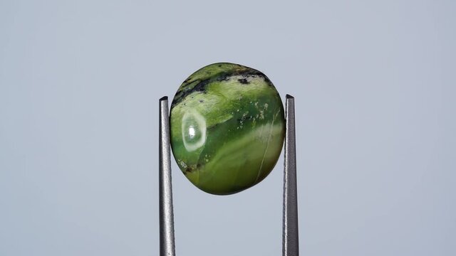 natural green opal gemstone in the tweezer on the background